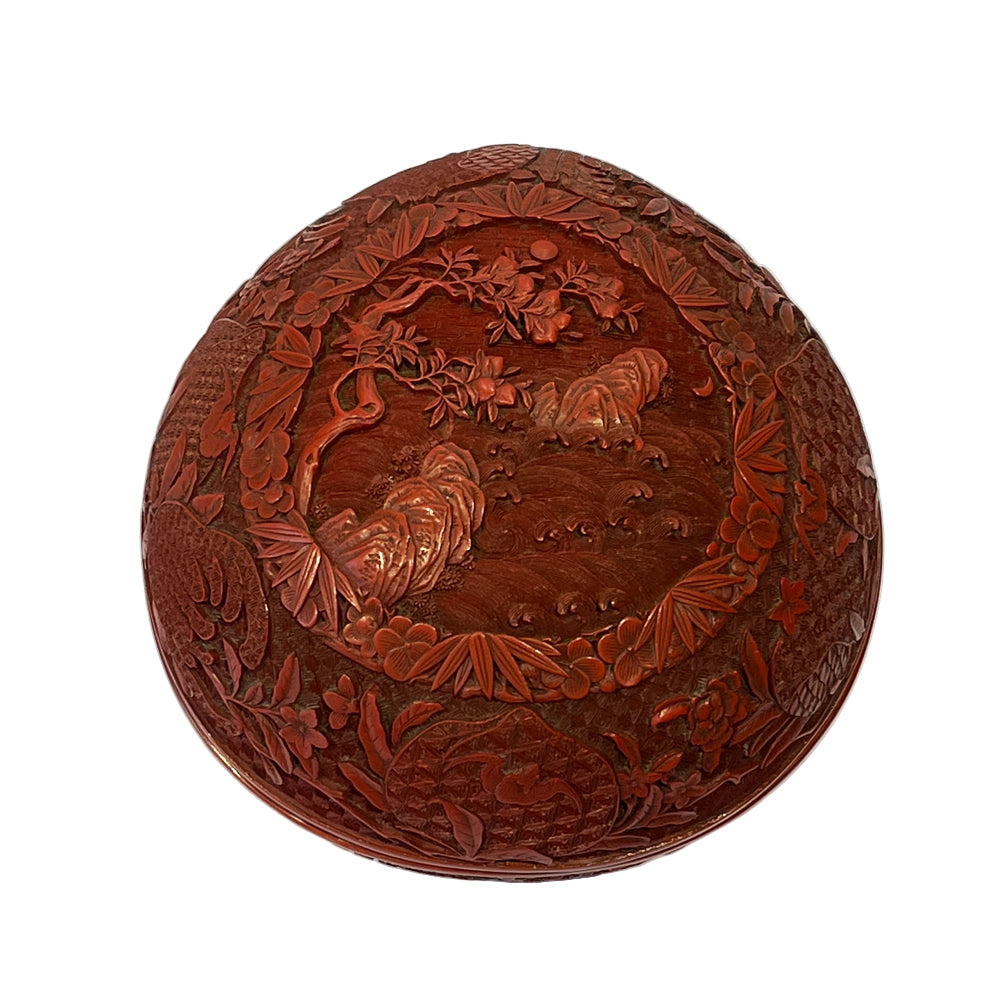 A Peach Shape Double Carved Cinnabar Lacquer Box and Cover, Qing Dynasty