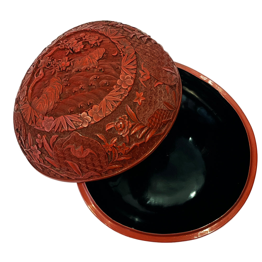 A Peach Shape Double Carved Cinnabar Lacquer Box and Cover, Qing Dynasty