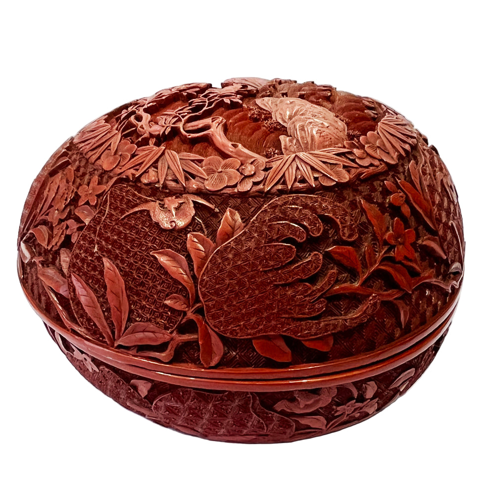 A Peach Shape Double Carved Cinnabar Lacquer Box and Cover, Qing Dynasty