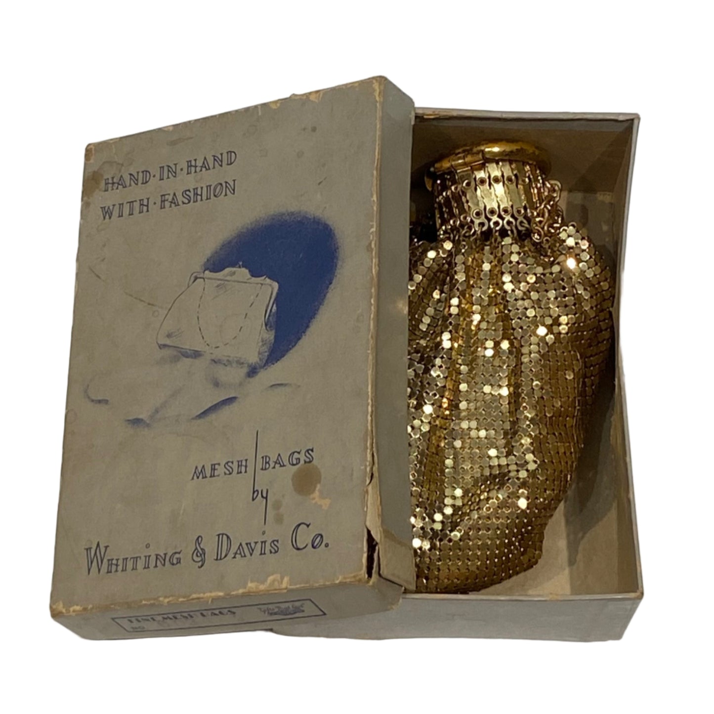 Vintage Whiting & Davis Gold Mesh Chain Evening Bag with Original Box