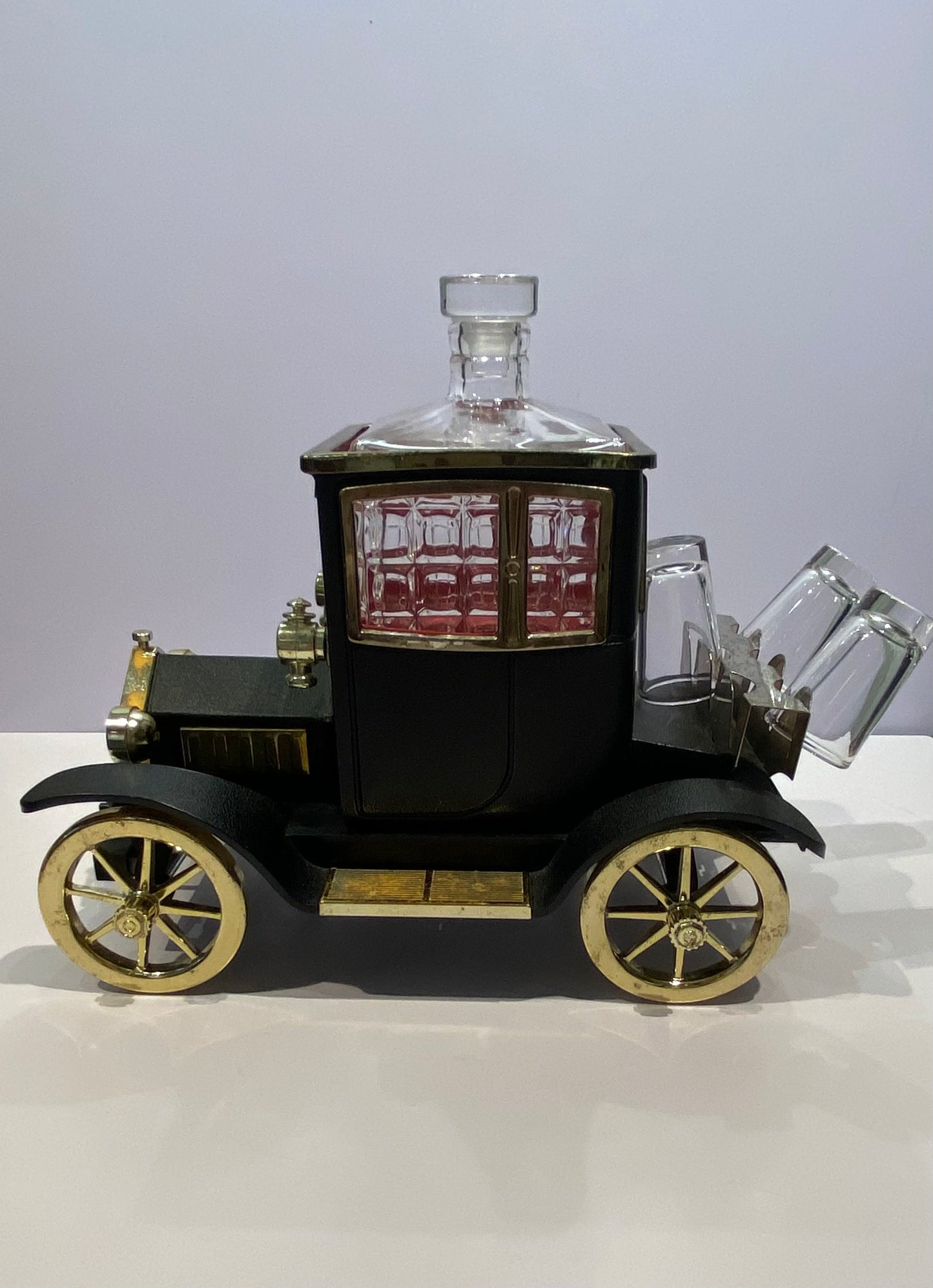 VINTAGE CAR DECANTER WITH SHOT GLASS AND HOLDER