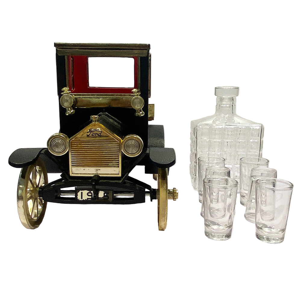VINTAGE CAR DECANTER WITH SHOT GLASS AND HOLDER