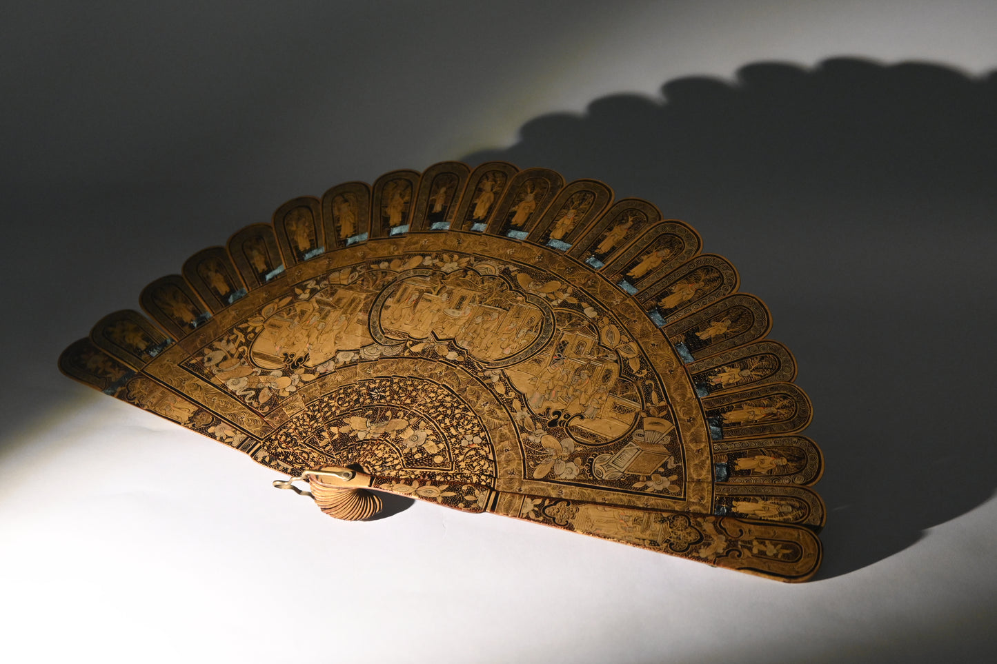 19th Century A Chinese Black Lacquer and Gilt Mandarin Hand Fan
