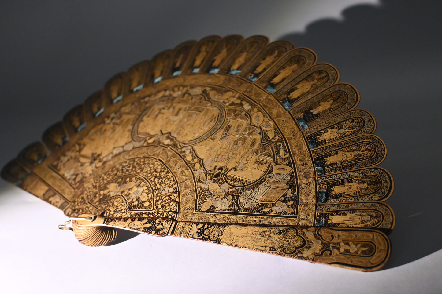 19th Century A Chinese Black Lacquer and Gilt Mandarin Hand Fan