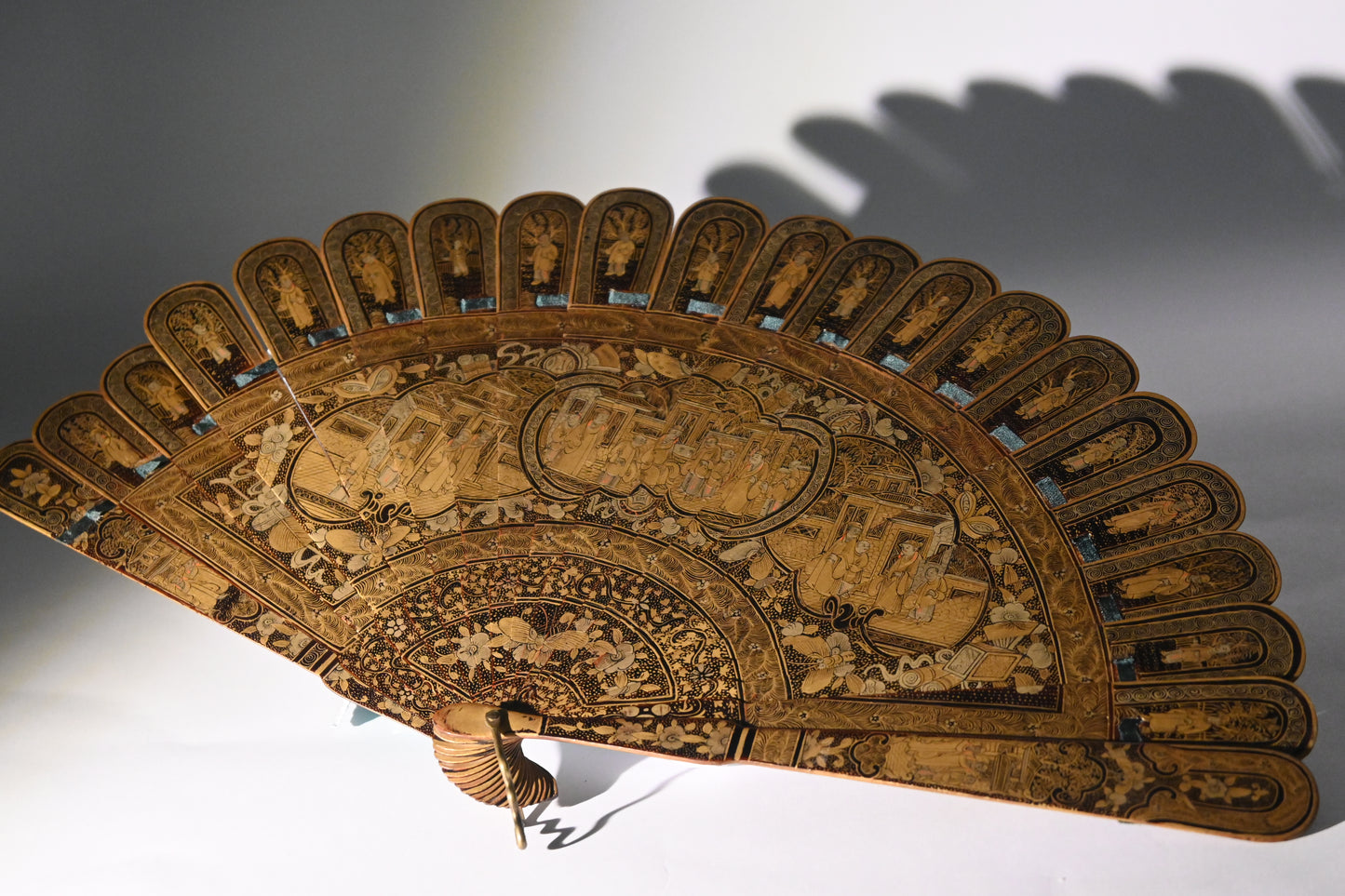 19th Century A Chinese Black Lacquer and Gilt Mandarin Hand Fan