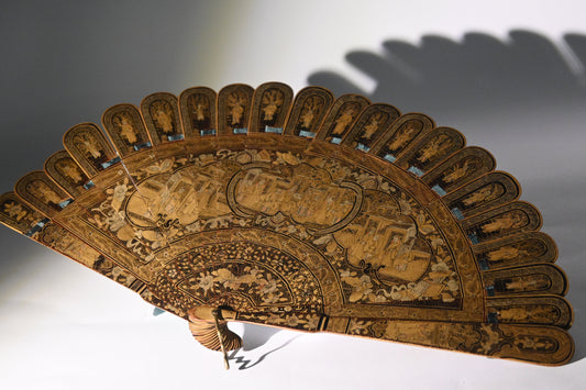 19th Century A Chinese Black Lacquer and Gilt Mandarin Hand Fan