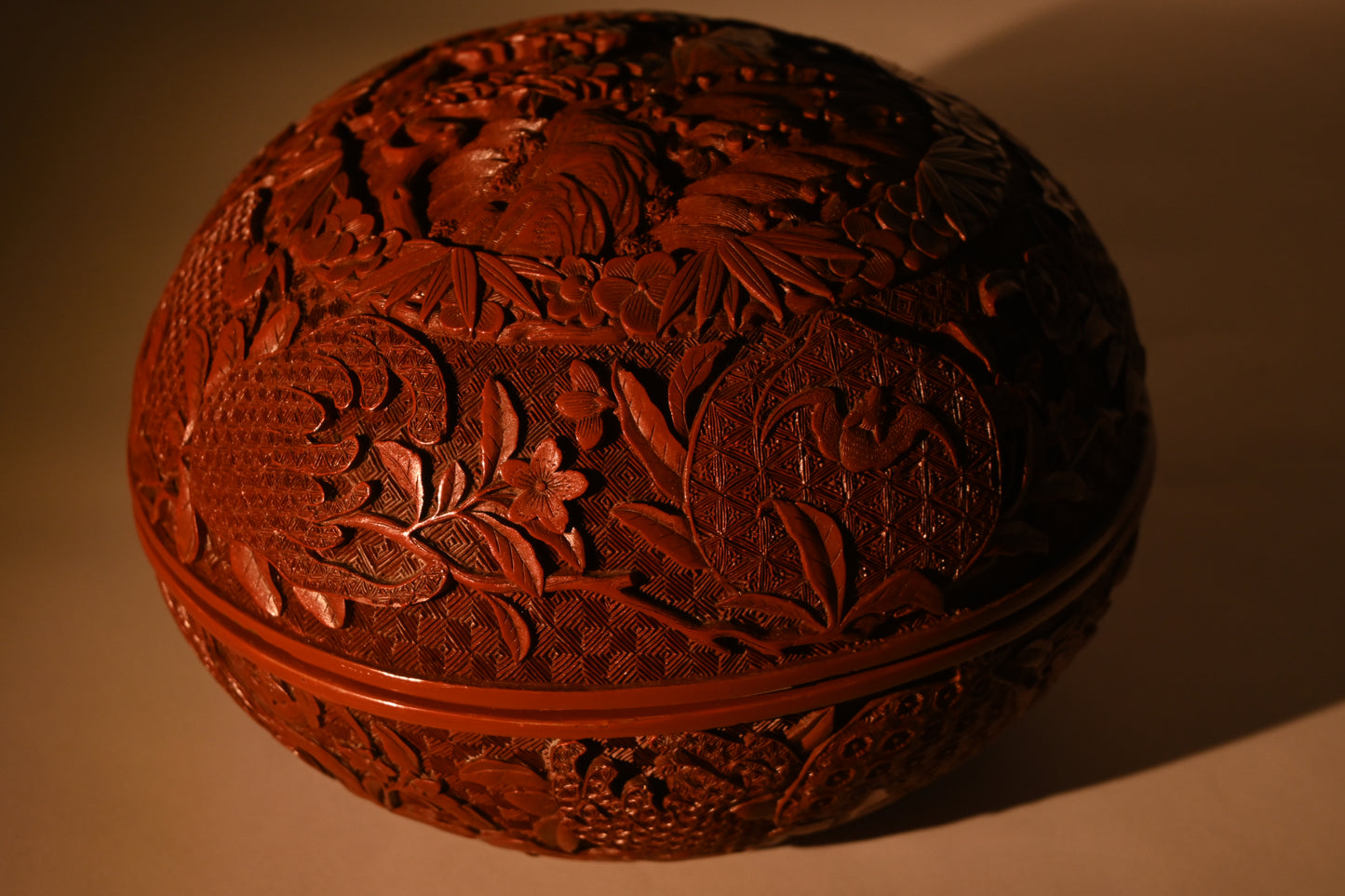 A Peach Shape Double Carved Cinnabar Lacquer Box and Cover, Qing Dynasty