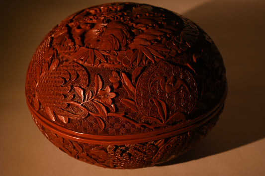 A Peach Shape Double Carved Cinnabar Lacquer Box and Cover, Qing Dynasty