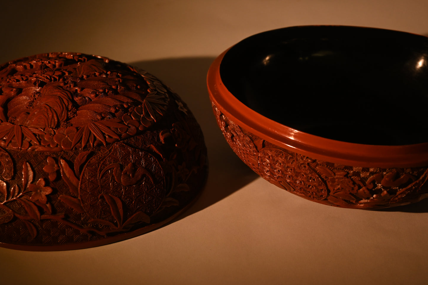 A Peach Shape Double Carved Cinnabar Lacquer Box and Cover, Qing Dynasty