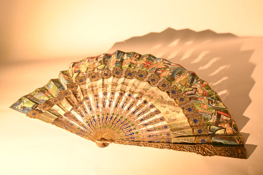 19th Century Paper Folding Fan with Openwork Enameled Silver Filigree Sticks