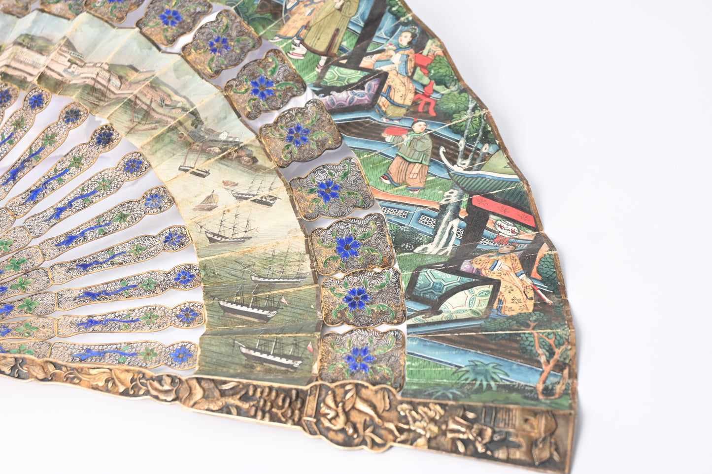 19th Century Paper Folding Fan with Openwork Enameled Silver Filigree Sticks