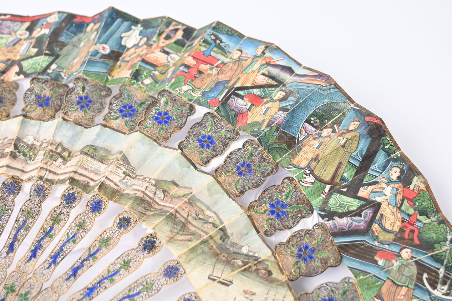 19th Century Paper Folding Fan with Openwork Enameled Silver Filigree Sticks