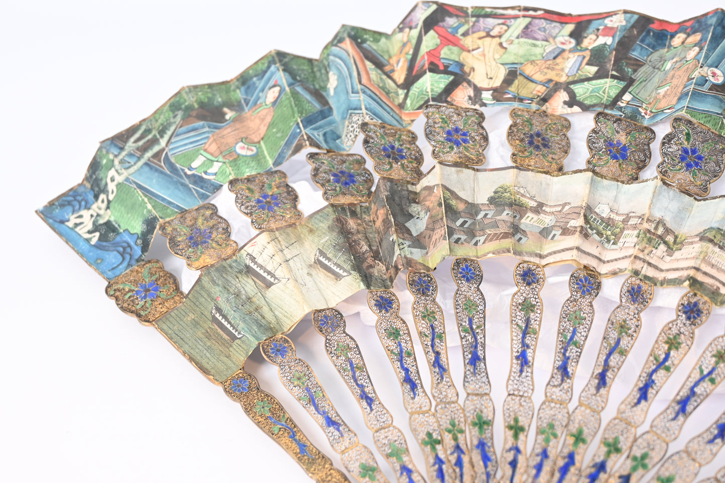 19th Century Paper Folding Fan with Openwork Enameled Silver Filigree Sticks