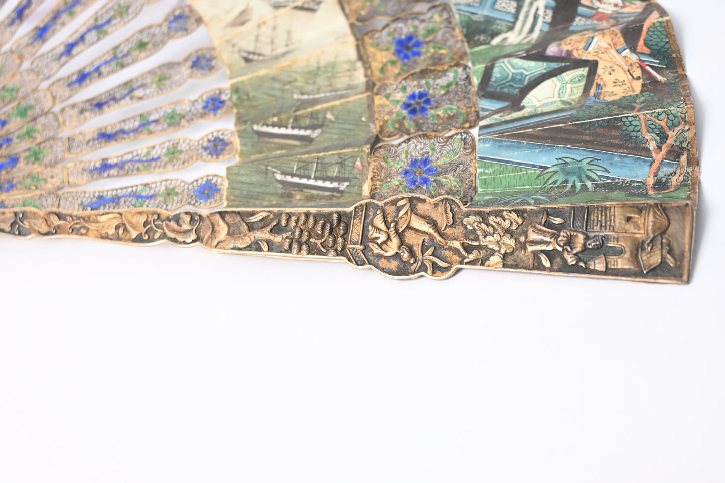 19th Century Paper Folding Fan with Openwork Enameled Silver Filigree Sticks