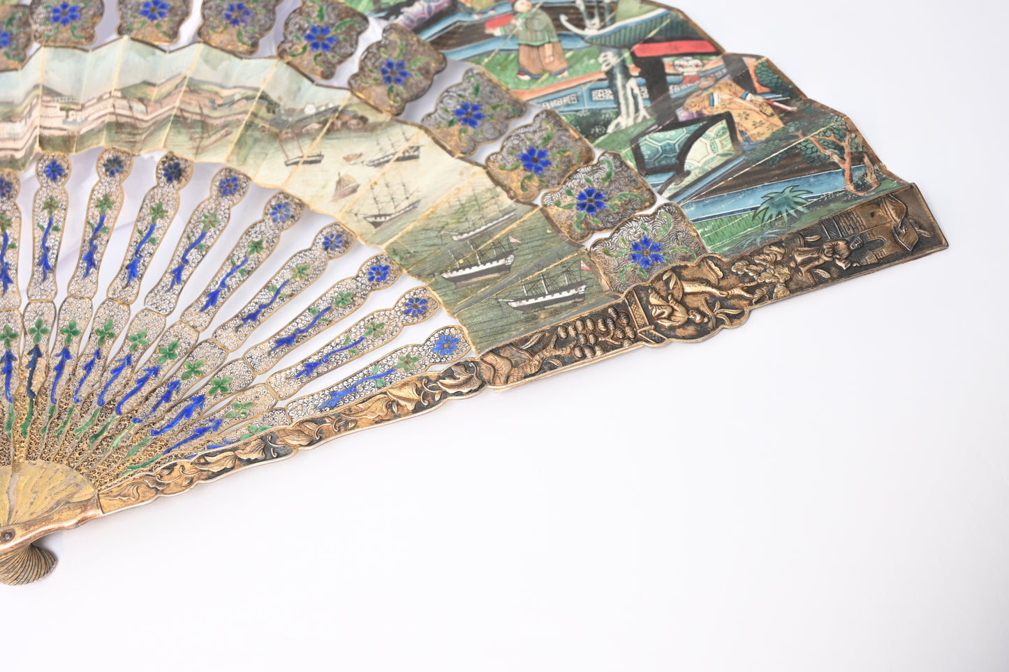 19th Century Paper Folding Fan with Openwork Enameled Silver Filigree Sticks