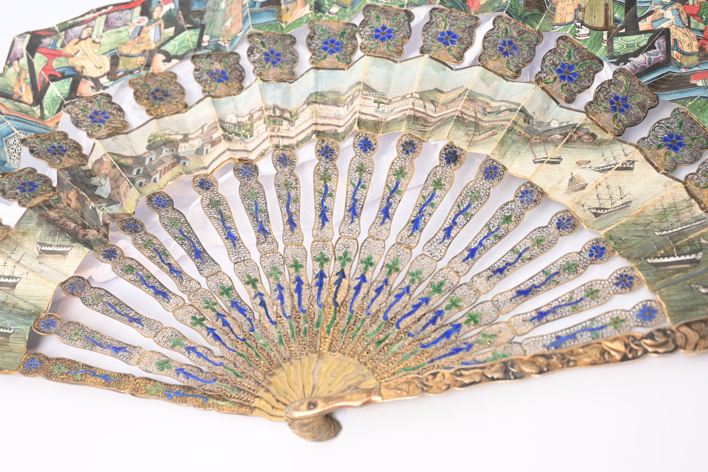 19th Century Paper Folding Fan with Openwork Enameled Silver Filigree Sticks