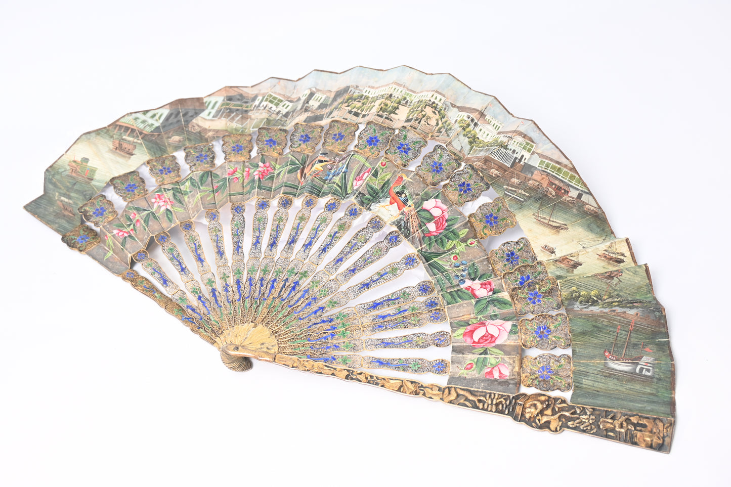 19th Century Paper Folding Fan with Openwork Enameled Silver Filigree Sticks