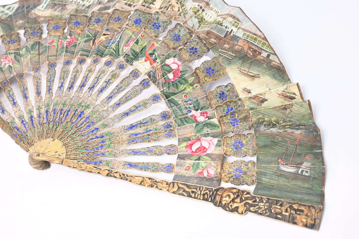 19th Century Paper Folding Fan with Openwork Enameled Silver Filigree Sticks