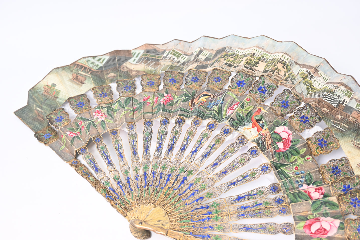 19th Century Paper Folding Fan with Openwork Enameled Silver Filigree Sticks