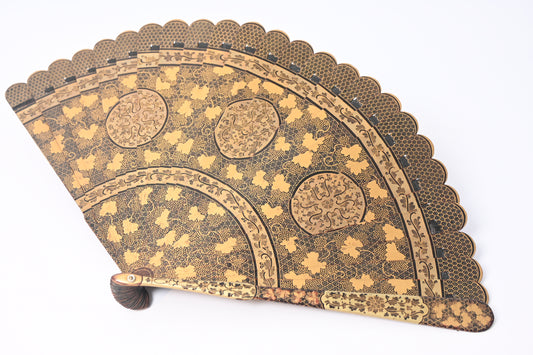 19th Century A Chinese Black Lacquer and Gilt Grapes Fan