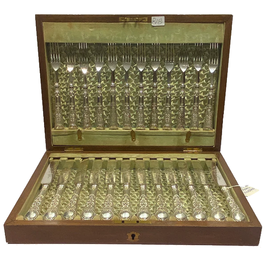 Vintage Canteen of 12 Pairs of Silver Plated Victorian Fruit/ Dessert Knives & Forks