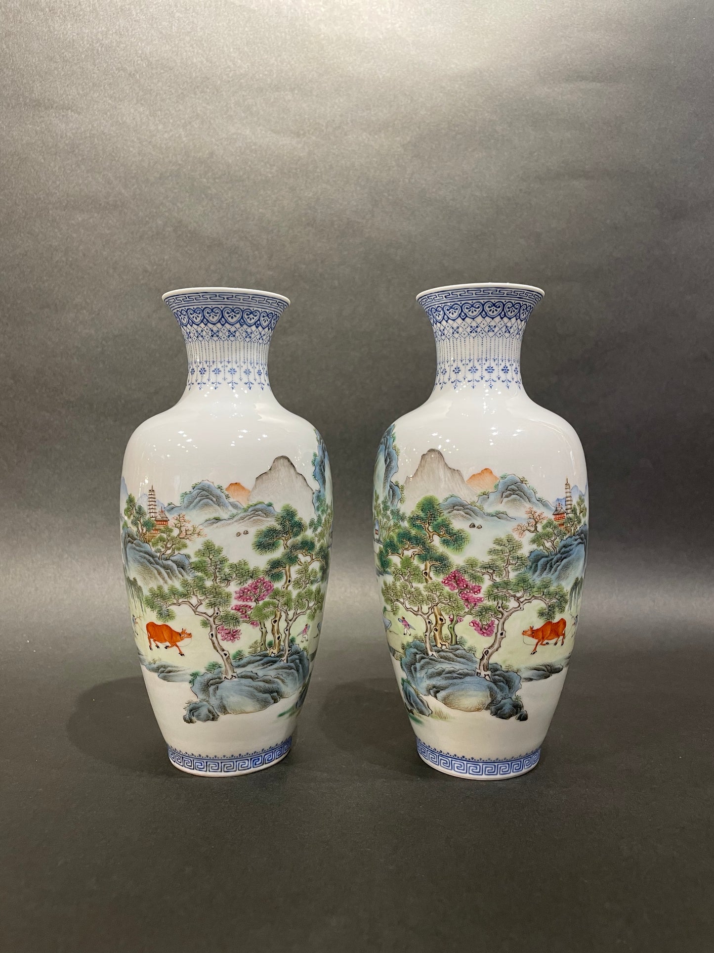 A Pair of Famille Rose Landscape Vases, Republic of China