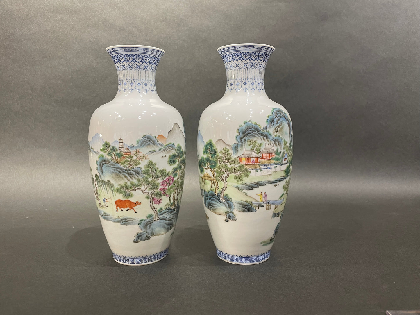 A Pair of Famille Rose Landscape Vases, Republic of China