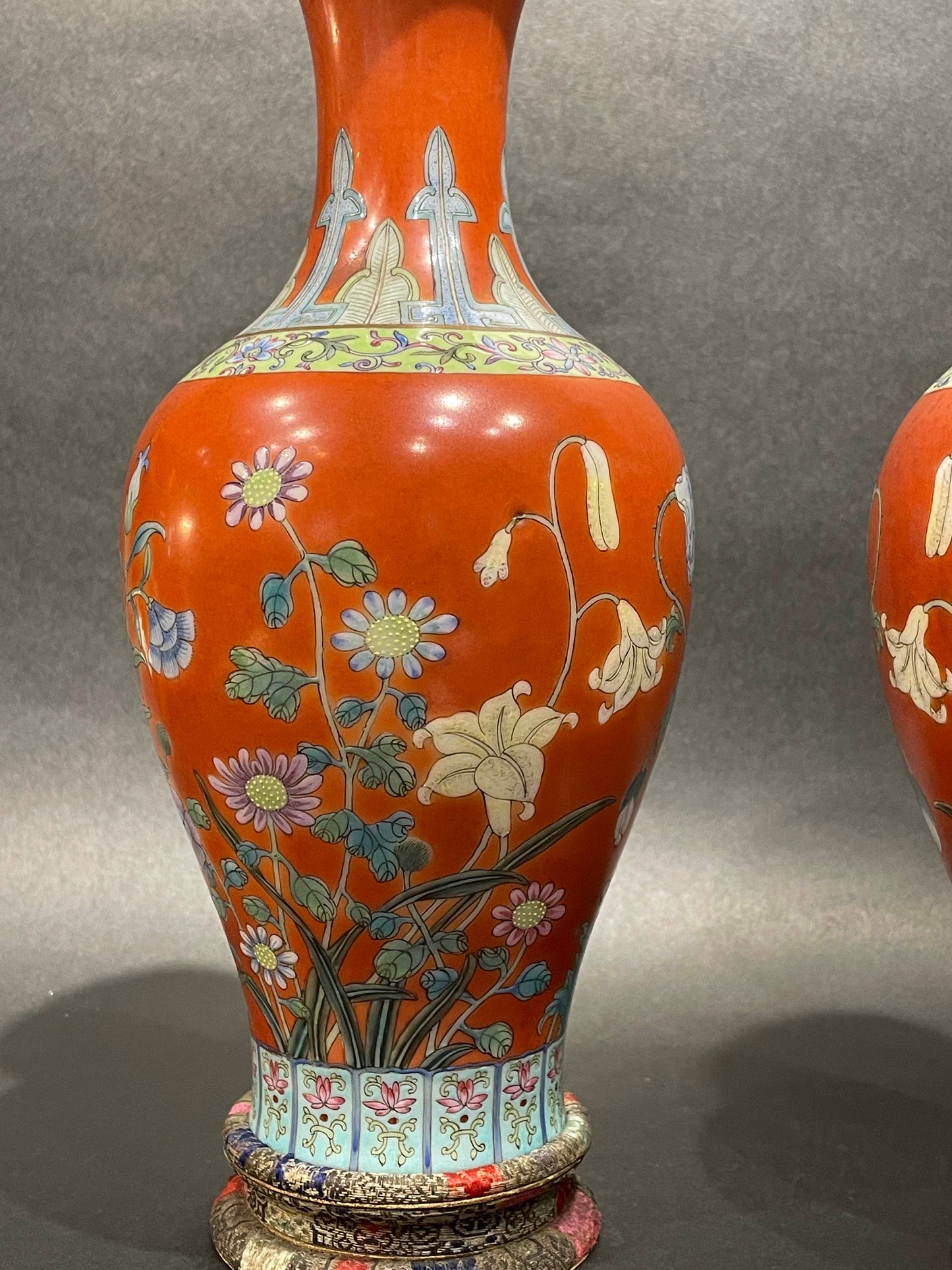 A Pair of Fine Coral Red Ground Famille Rose 'Floral' Vases, Republic of China