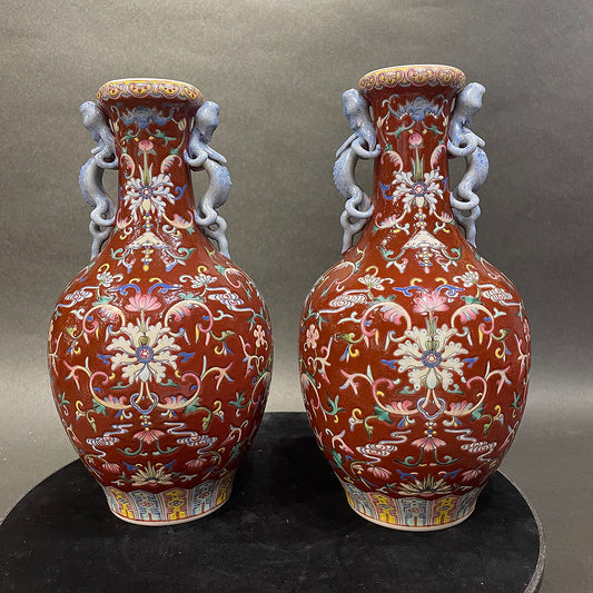A pair of Vermillion Famille Rose 'Flower' Vases, Republic of China