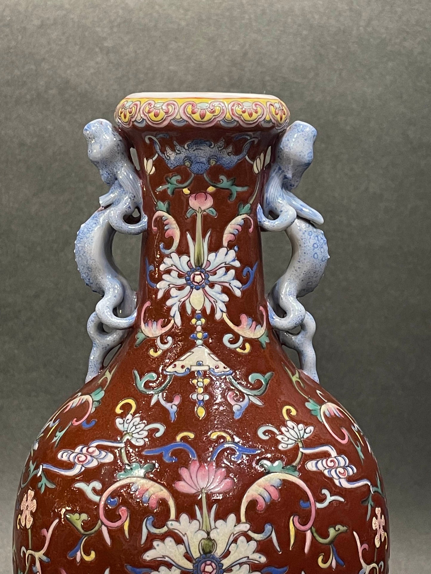 A pair of Vermillion Famille Rose 'Flower' Vases, Republic of China