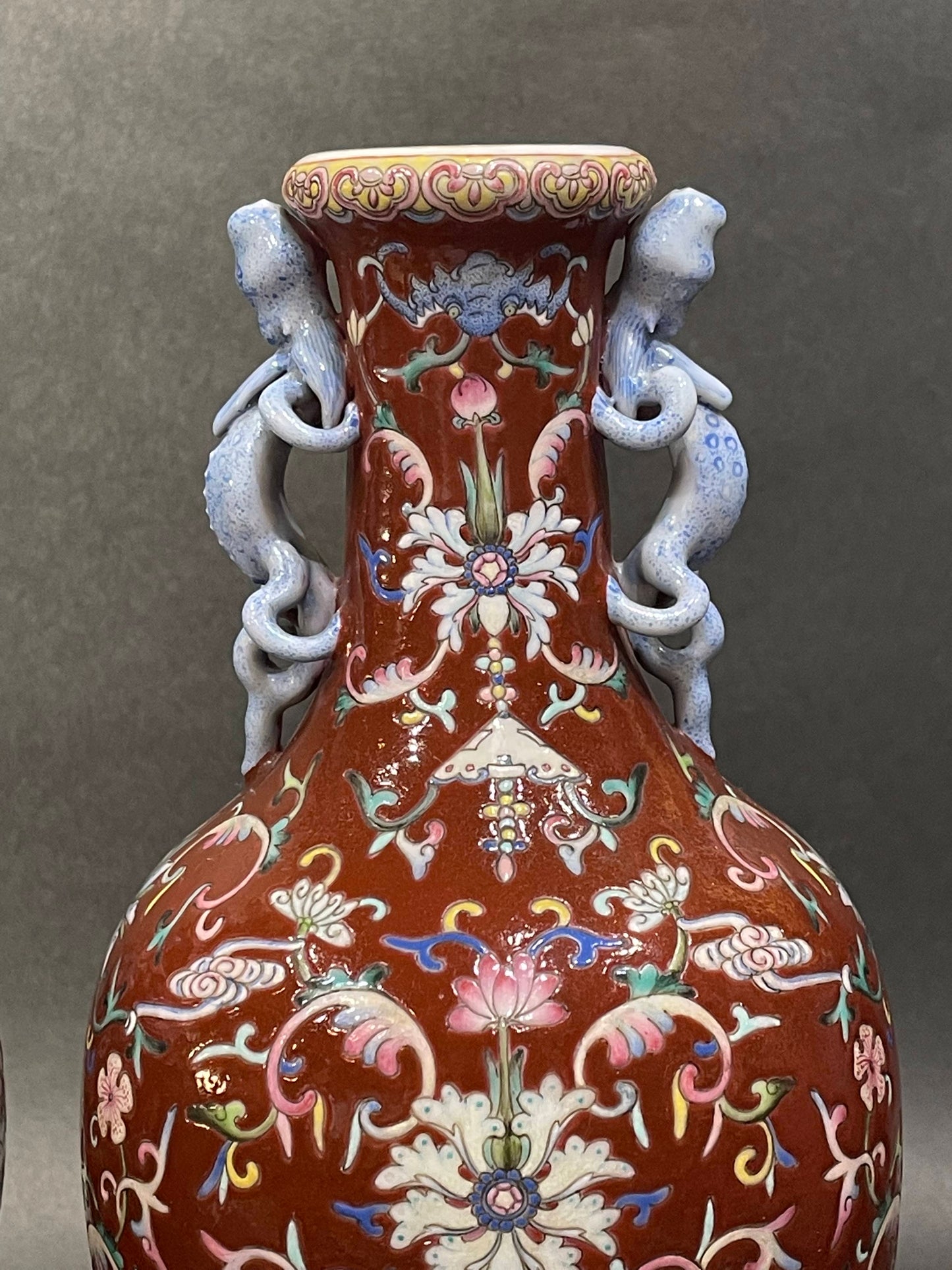 A pair of Vermillion Famille Rose 'Flower' Vases, Republic of China