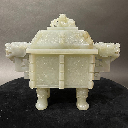 A Pale Celadon Jade 'Beast' Censer & Cover, Qing Dynasty