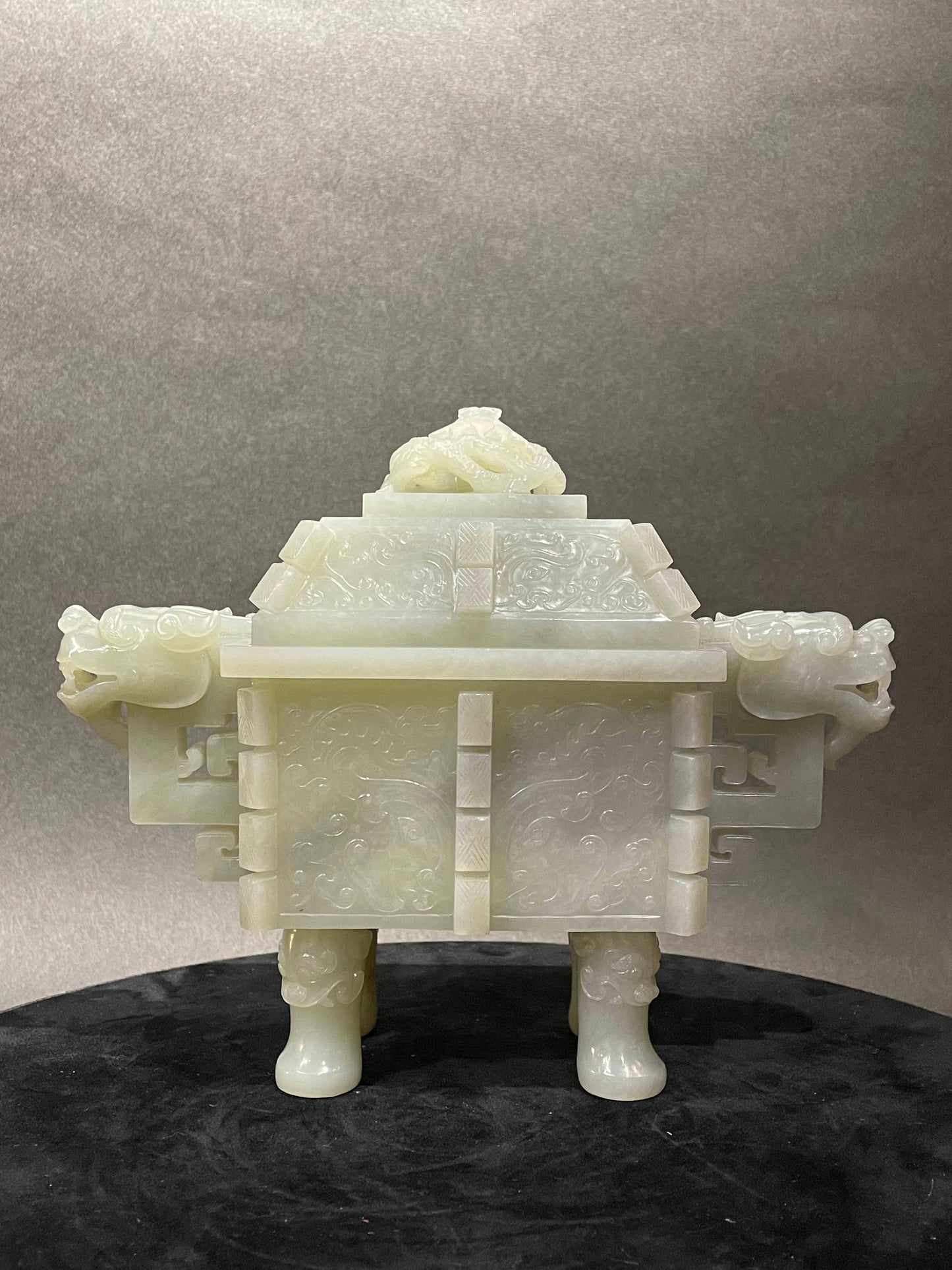 A Pale Celadon Jade 'Beast' Censer & Cover, Qing Dynasty