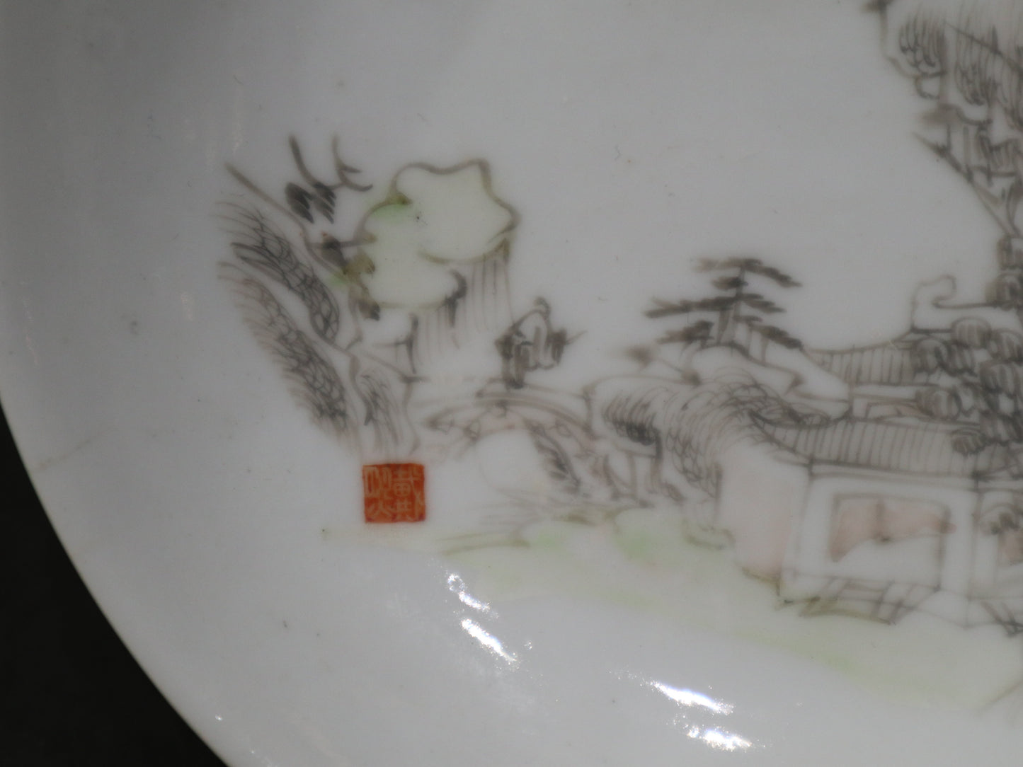 A pair of ink color landscape figure small dishes, Cheng Huai Yuan Zhi and Dai Xi Mark, Qianlong Period