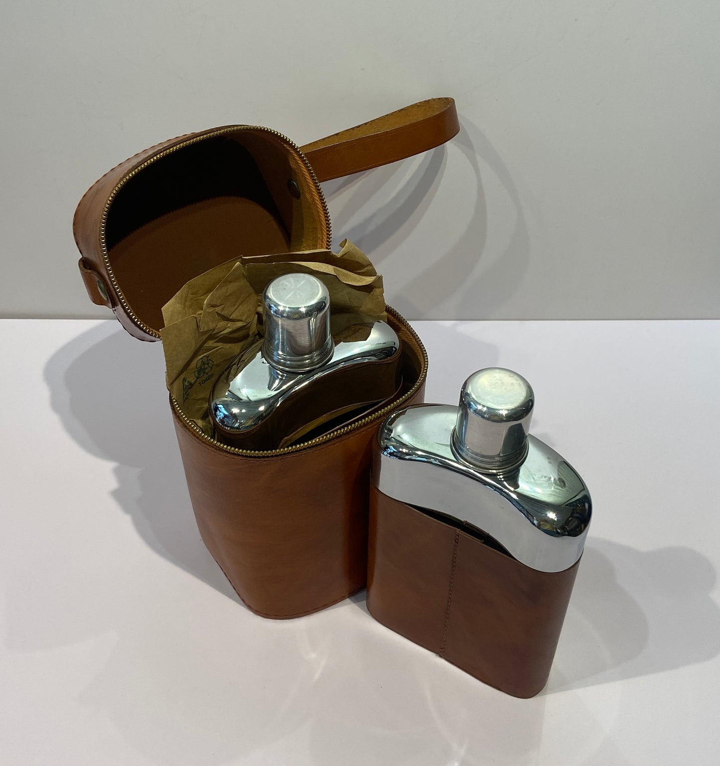 Vintage Double Hip Flask With Leather Belt & Holder