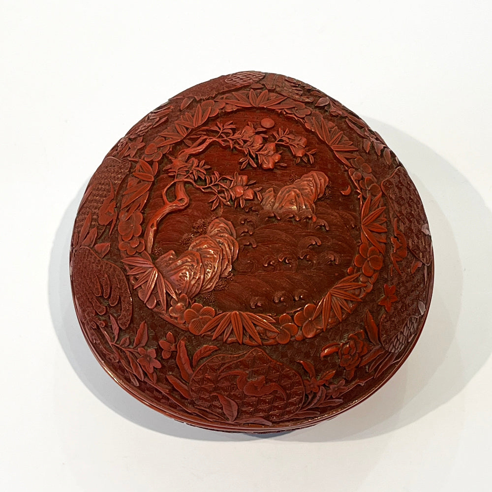 A Peach Shape Double Carved Cinnabar Lacquer Box and Cover, Qing Dynasty