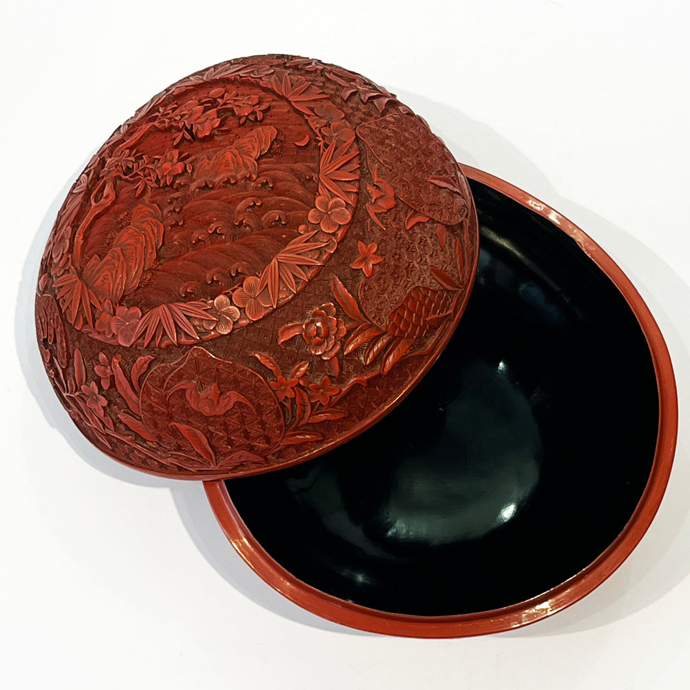 A Peach Shape Double Carved Cinnabar Lacquer Box and Cover, Qing Dynasty