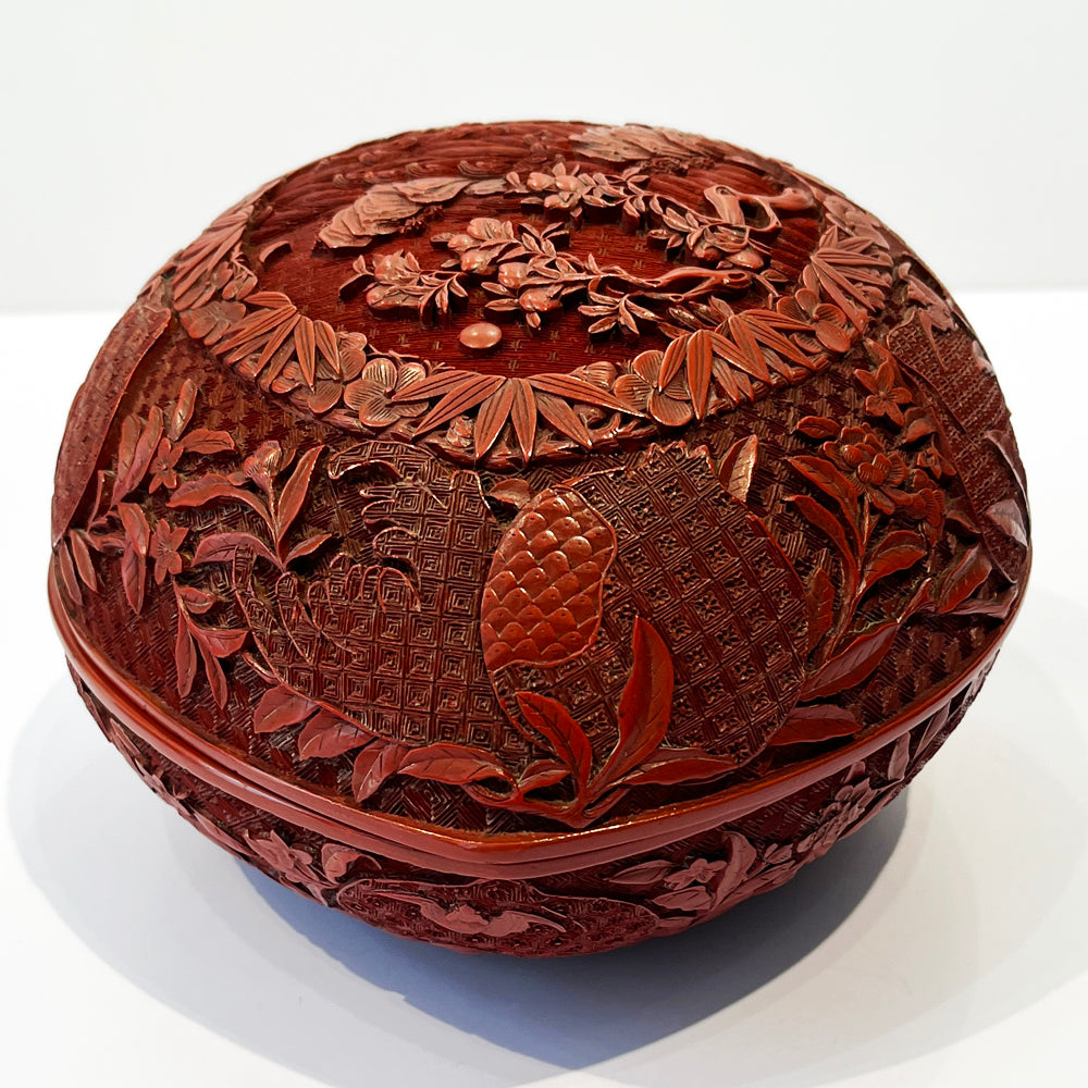 A Peach Shape Double Carved Cinnabar Lacquer Box and Cover, Qing Dynasty