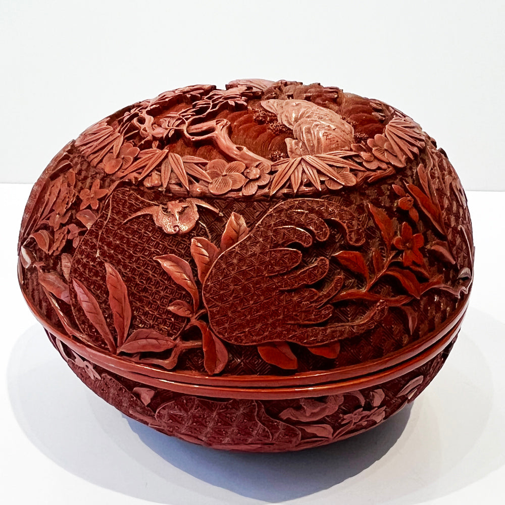 A Peach Shape Double Carved Cinnabar Lacquer Box and Cover, Qing Dynasty