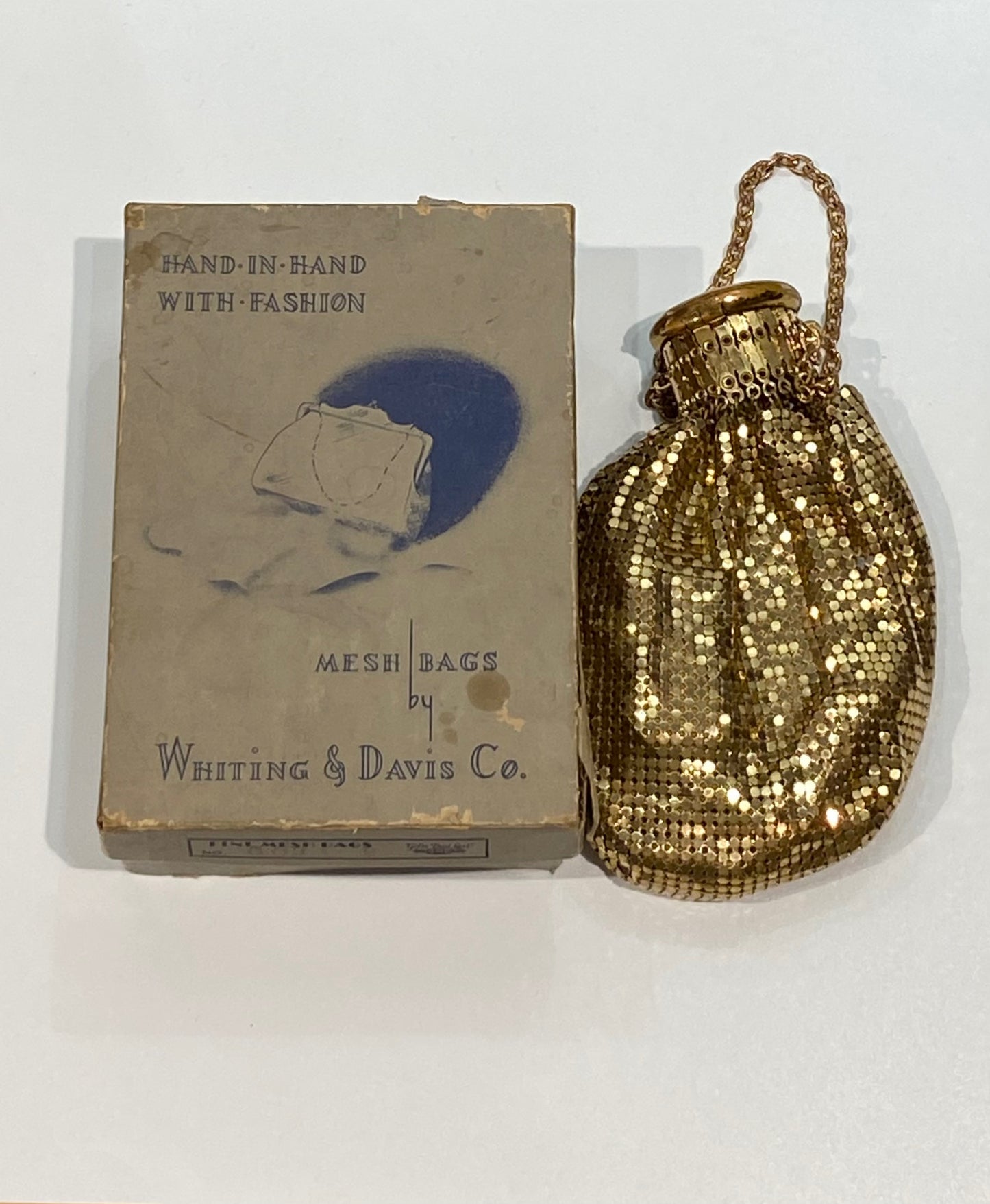 Vintage Whiting & Davis Gold Mesh Chain Evening Bag with Original Box