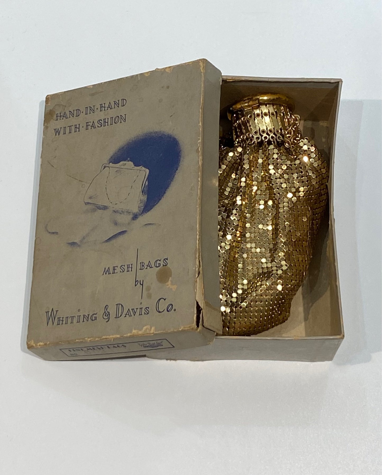 Vintage Whiting & Davis Gold Mesh Chain Evening Bag with Original Box