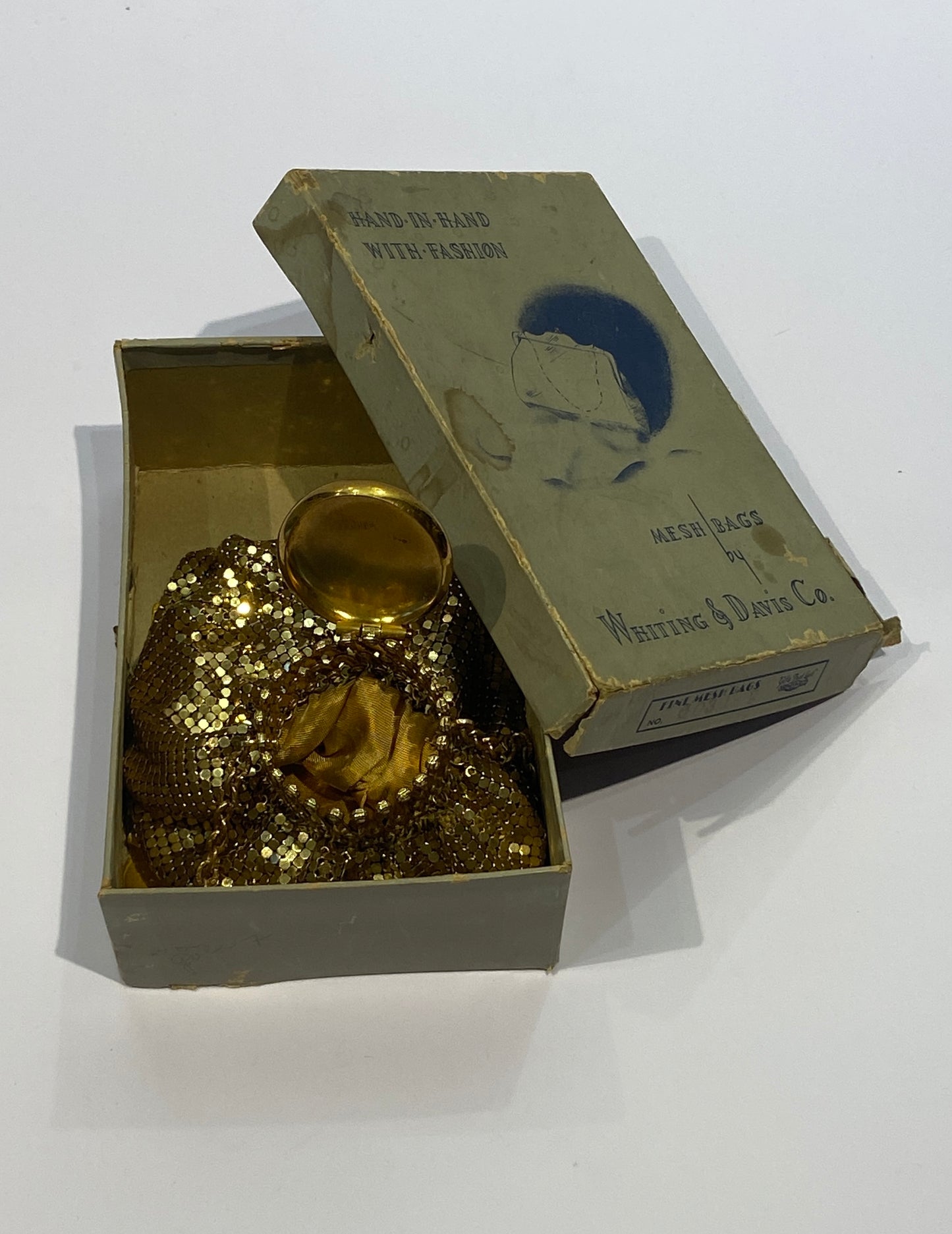 Vintage Whiting & Davis Gold Mesh Chain Evening Bag with Original Box