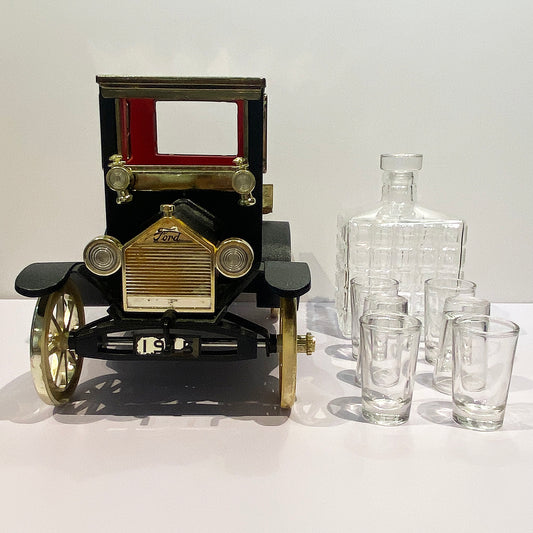 VINTAGE CAR DECANTER WITH SHOT GLASS AND HOLDER